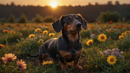 Sunset Dachshund in Wildflower Meadow wallpaper
