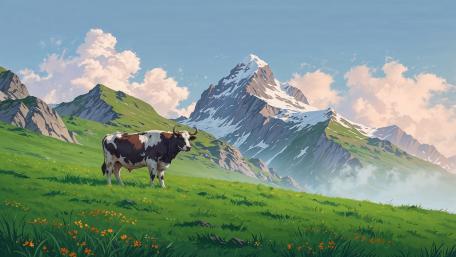 Mountain Meadow Cow Serenity wallpaper