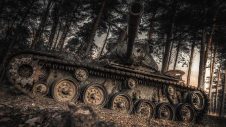 Rusting Tank Resting in Twilight Forest wallpaper