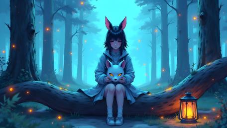 Moonlit Kitsune in Enchanted Forest wallpaper