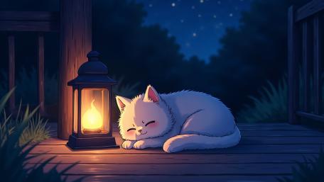 Cozy Lantern Lit Cat Sleep wallpaper