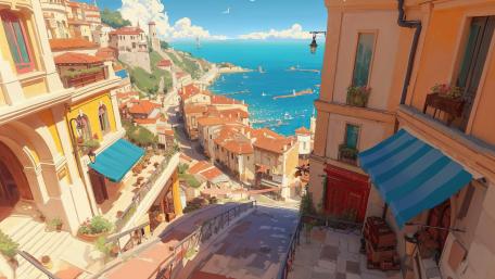 Sunlit Coastal Anime Harbor wallpaper