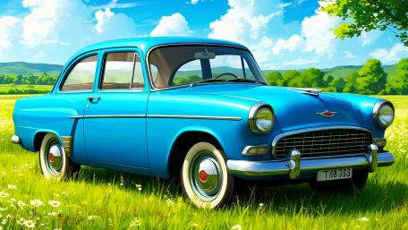 Blue Vintage Car in Meadow wallpaper