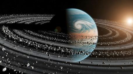 Ringed Planet Amidst Cosmic Debris wallpaper
