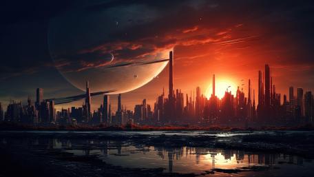 Cosmic Horizon Over Neon Citadel wallpaper