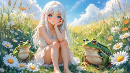 Kawaii White Haired Girl in Flower Meadow wallpaper