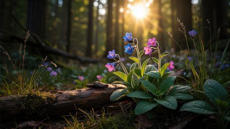 Sunlit Forest Wildflowers in Bloom wallpaper