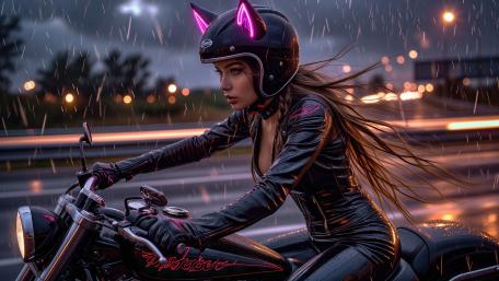 Neon Neko Rider in the Rain wallpaper