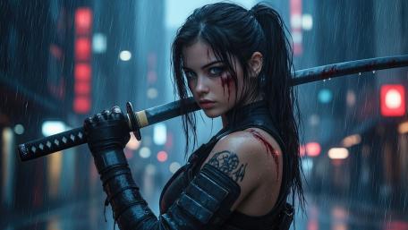 Rainsoaked Cyberpunk Samurai wallpaper