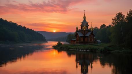 Sunset Chapel by the River wallpaper