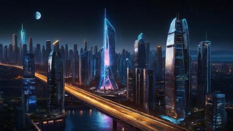 Neon Moon Over Futuristic Skyline wallpaper