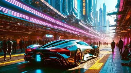 Neon Supercar in Futuristic City wallpaper