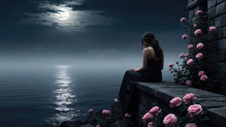 Moonlit Roses by the Silent Sea wallpaper