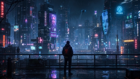 Neon Sentinel Over Cyber City wallpaper