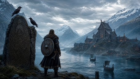 Viking Sentinel Over Fjord Village wallpaper