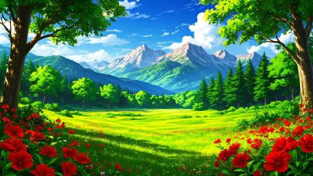 Anime Meadow Beneath Snowy Peaks wallpaper