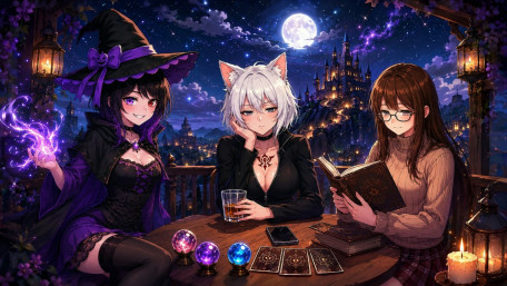 Moonlit Magic with Witch and Catgirl Friends wallpaper