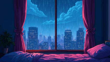 Rainy Night City View from Cozy Bedroom wallpaper