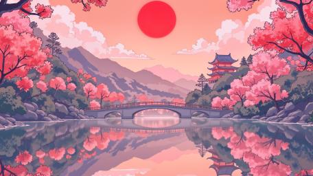 Cherry Blossom Serenity Bridge wallpaper