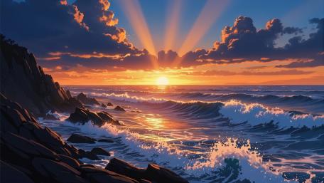 Golden Horizon Over the Anime Sea wallpaper