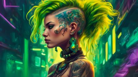 Neon Cyberpunk Muse with Green Mohawk wallpaper