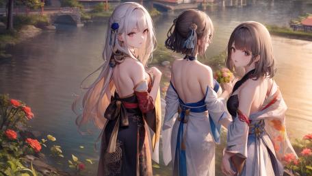 Elegant Kimono Trio by the River wallpaper
