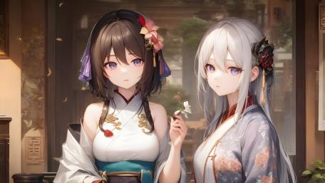 Elegant Anime Duo in Traditional Attire wallpaper
