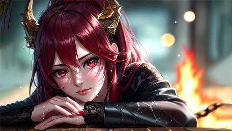 Crimson Horned Anime Beauty wallpaper