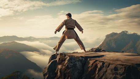 Cliffside Karate Stance at Sunrise wallpaper