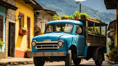 Vintage Blue Pickup in a Sunny Village wallpaper