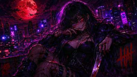 Blood moon assassin in neon storm wallpaper