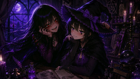 Gothic witch duo in moonlit lair wallpaper