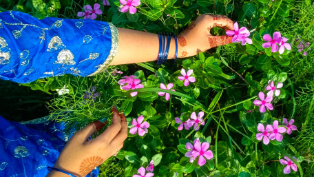 Pink Wildflowers with Henna Adorned Hands wallpaper