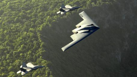Stealth Bomber Over Forest Terrain wallpaper