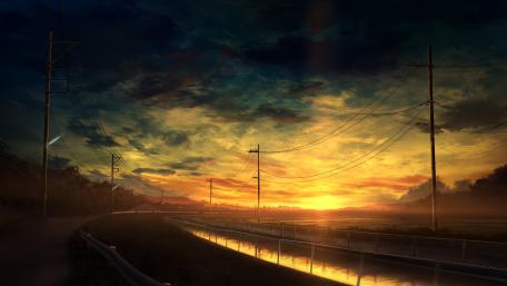 Golden Twilight Over Quiet Anime Roads wallpaper