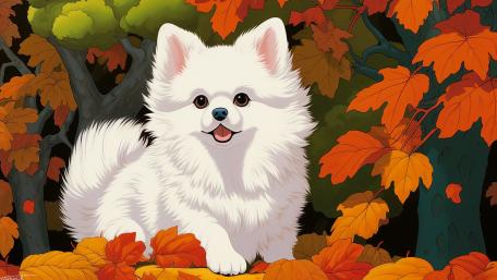 Autumn Fluffy Pup in Enchanted Forest wallpaper