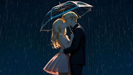 Rainlit Anime Kiss Under a Clear Umbrella wallpaper