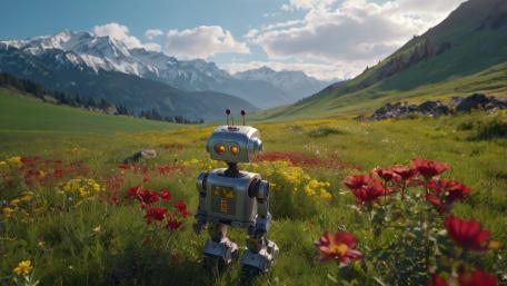 Retro Robot in Blooming Valley wallpaper