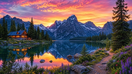 Alpine Cottage by the Mirror Lake wallpaper