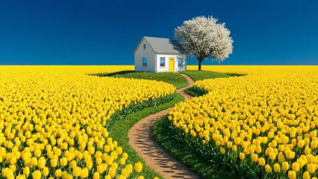 Golden Tulip Path to the Blossom Cottage wallpaper