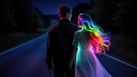 Neon Lovers on a Dreamlit Road wallpaper
