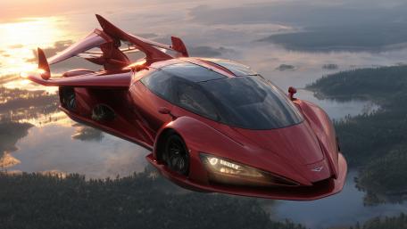 Futuristic Red Flying Car Sleek Vehicle in Flight wallpaper