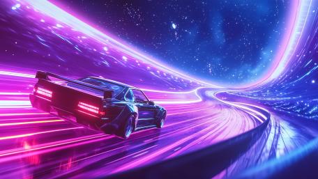 Dynamic Race Car in Speed Through the Neon Galaxy wallpaper