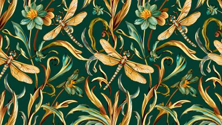 Golden Dragonfly Floral Tapestry wallpaper