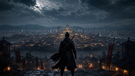 Moonlit Ronin Over Ancient City wallpaper
