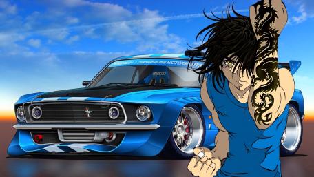 Tattooed Anime Racer with Mustang wallpaper