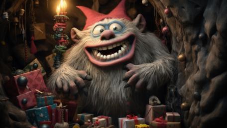 Festive Grinning Monster in Christmas Cave wallpaper