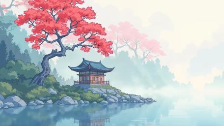 Serene Pagoda by the Misty Lake wallpaper