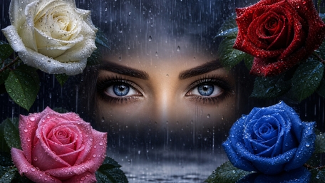 Mystic Blue Eyes in Rainy Roses wallpaper