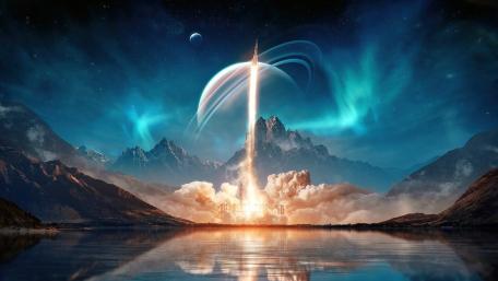 Cosmic Rocket Ascension in Alien Skies wallpaper